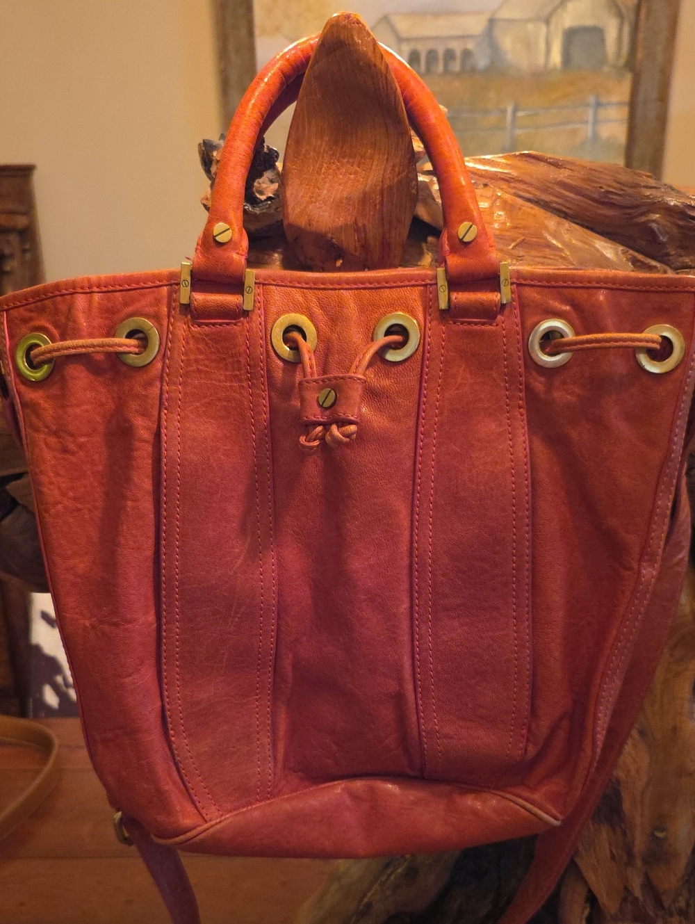 Tory Burch - Leather Drawstring Tote Bag in Burnt Orange